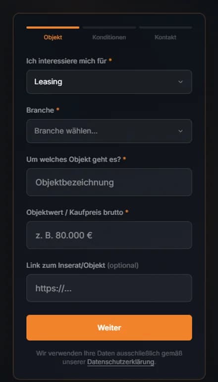 Anfrageformular der Website: Objekt, Konditionen, Kontakt