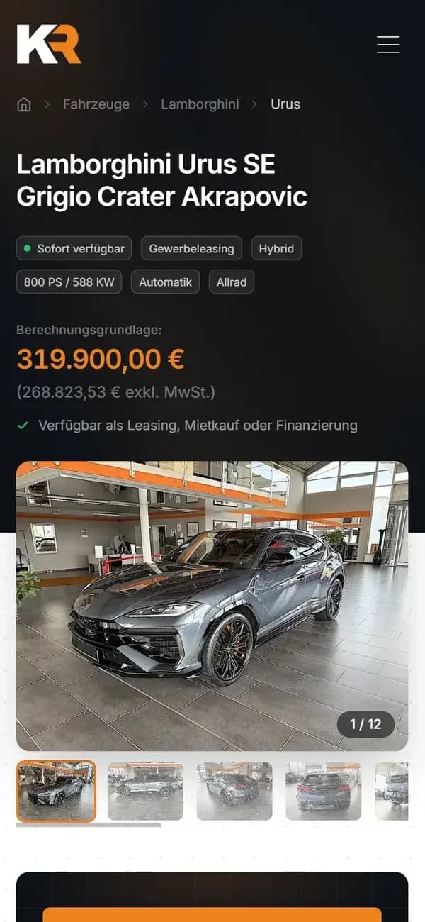Fahrzeugseite auf dem Handy: Lamborghini Urus mit Preis und Bildergalerie