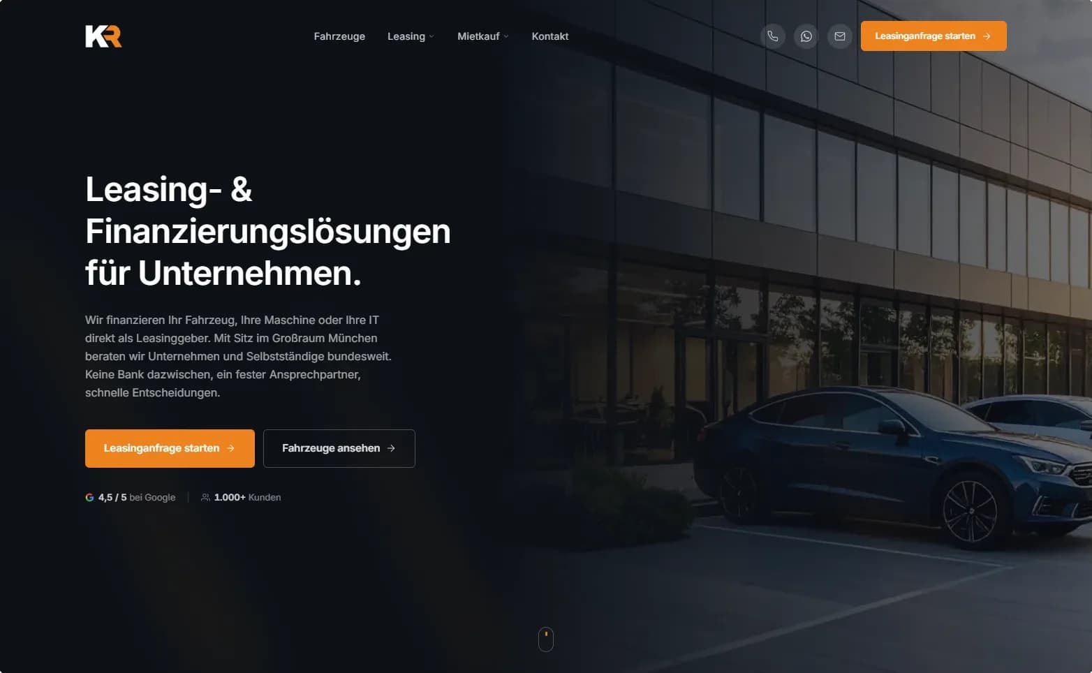Website der KR Leasing GmbH: Leasing- und Finanzierungslösungen