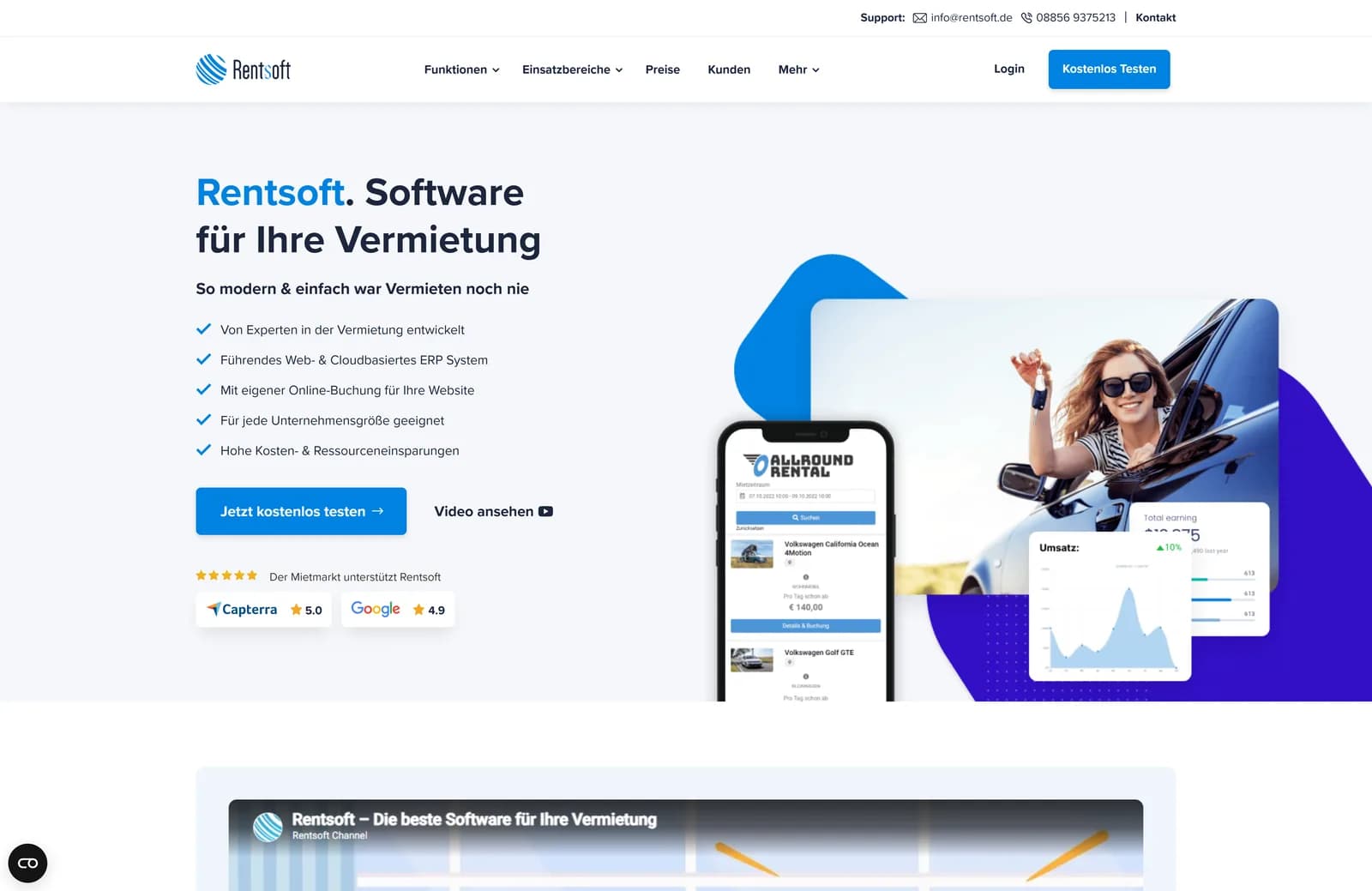Website von Rentsoft: Software für die Fahrzeugvermietung